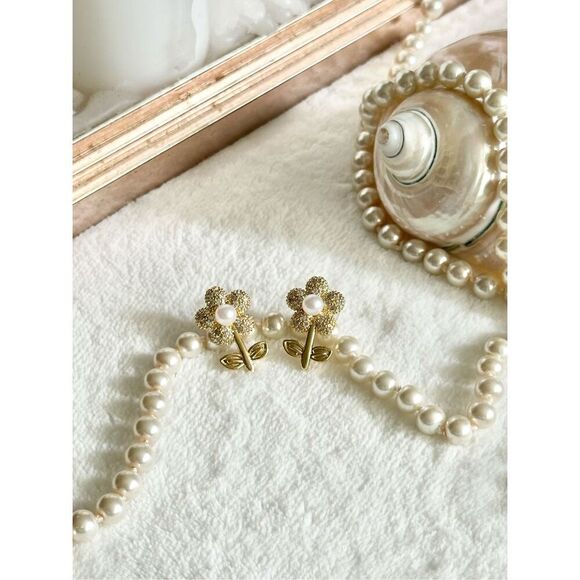 No Brand Jewelry - Cubic zirconia faux pearl flower stud dangle earring 